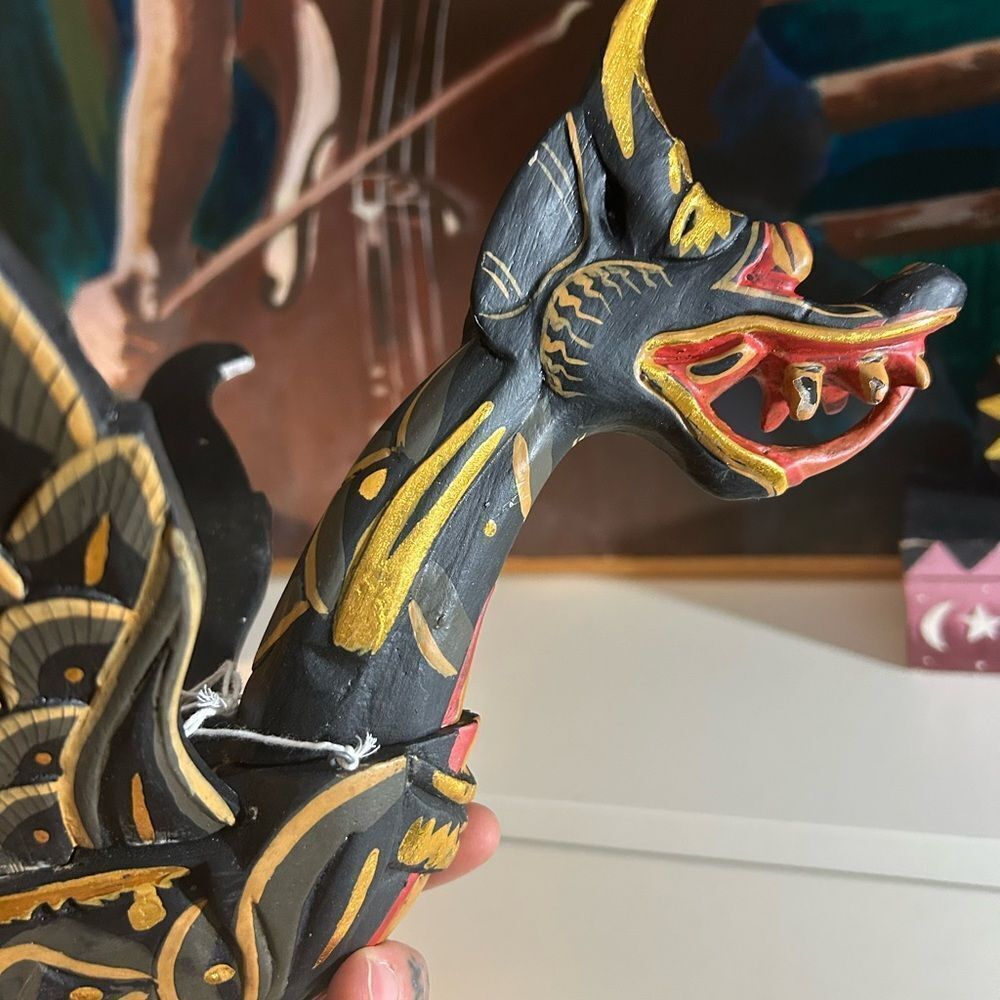 Vtg 90s Dragon Naga Flying Hanging 17" Green/Gold Handmade Wooden Bali Folkart - Picture 4 of 16